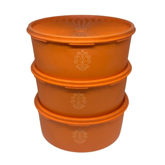 Vintage 80s Tupperware Orange Canister Set of 3 w/ Lids – Retro USA Made - Picture 1 of 10
